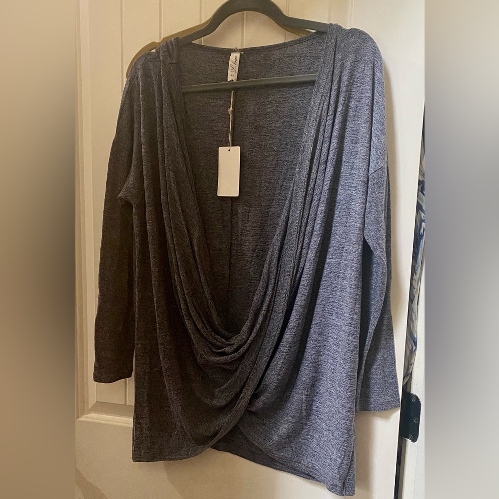 Boutique brand NWT navy marled drape cross top